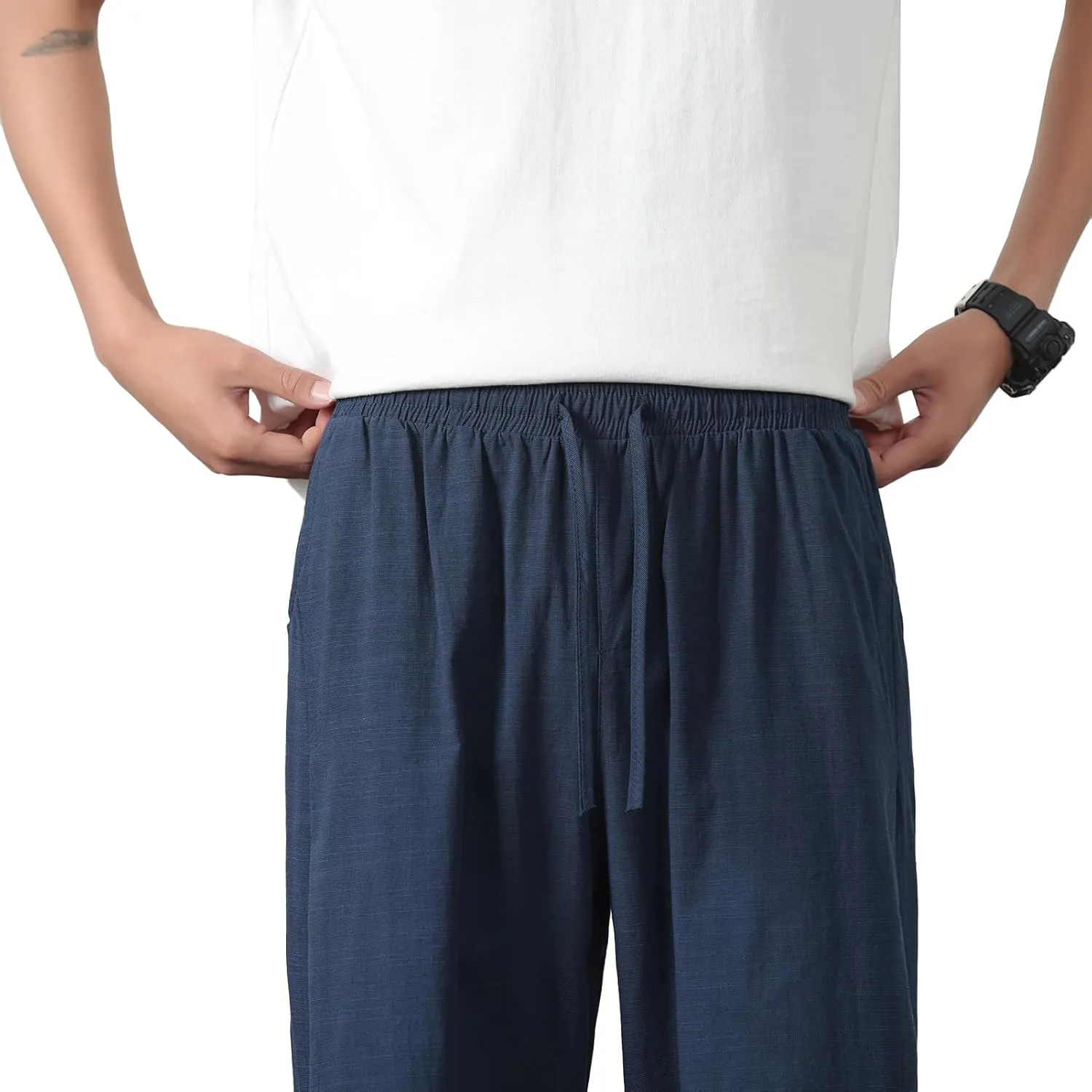 PRIJOUHE Mens Harem Pants Casual Lightweight Loose Fit Capri Pants Linen Beach Pants with Elastic Waistband
