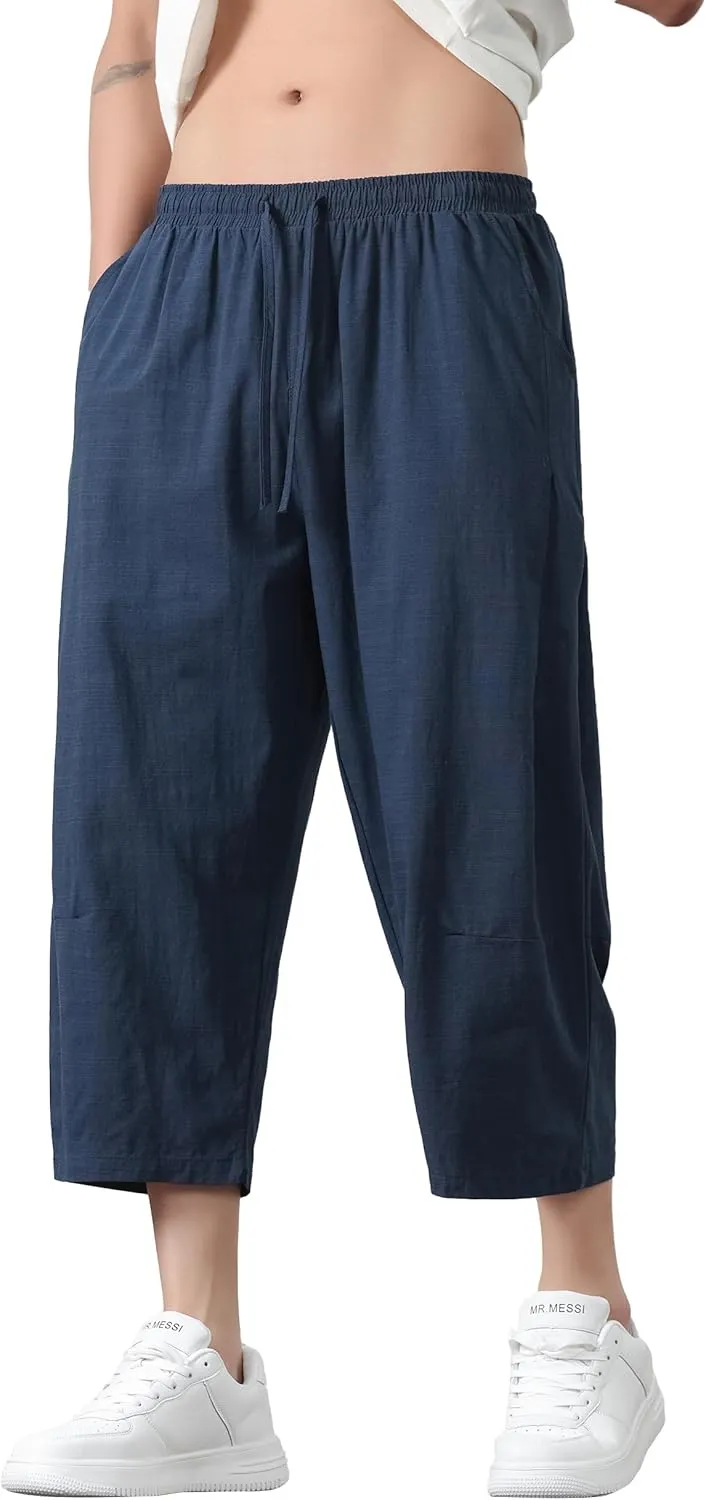 PRIJOUHE Mens Harem Pants Casual Lightweight Loose Fit Capri Pants Linen Beach Pants with Elastic Waistband
