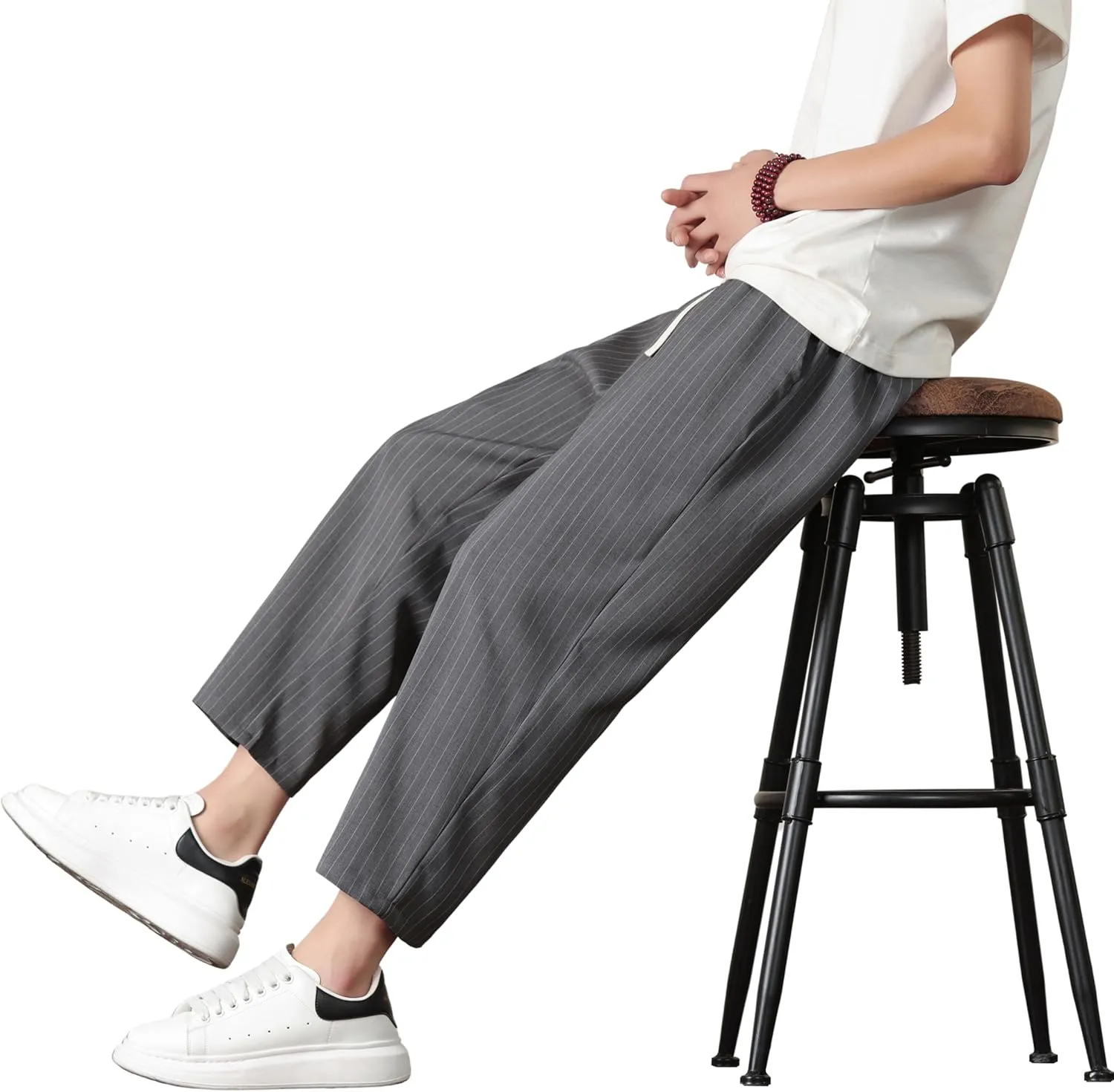 PRIJOUHE Mens Harem Pants Casual Lightweight Loose Fit Capri Pants Linen Beach Pants with Elastic Waistband