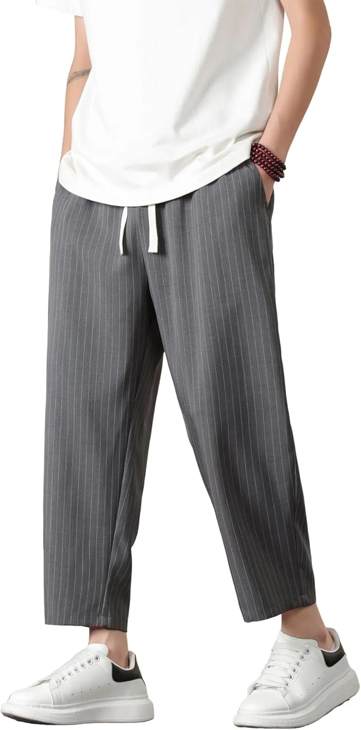 PRIJOUHE Mens Harem Pants Casual Lightweight Loose Fit Capri Pants Linen Beach Pants with Elastic Waistband
