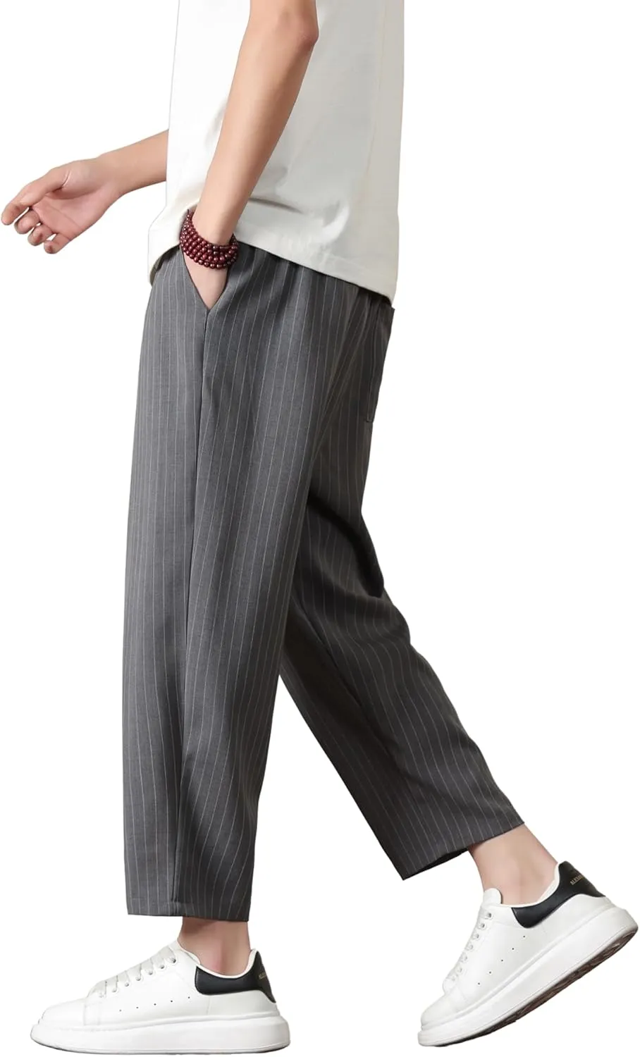 PRIJOUHE Mens Harem Pants Casual Lightweight Loose Fit Capri Pants Linen Beach Pants with Elastic Waistband
