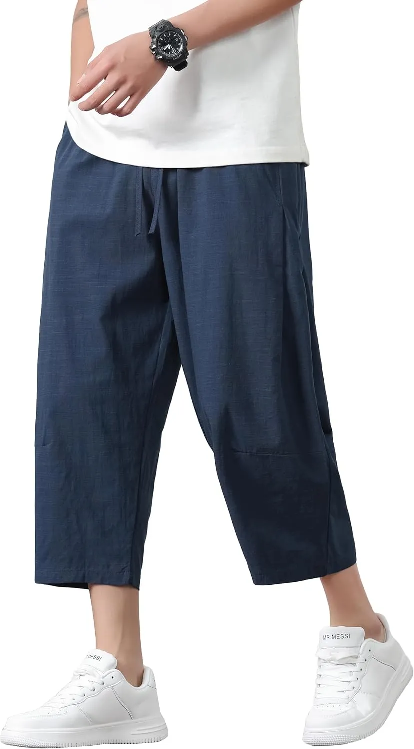 PRIJOUHE Mens Harem Pants Casual Lightweight Loose Fit Capri Pants Linen Beach Pants with Elastic Waistband