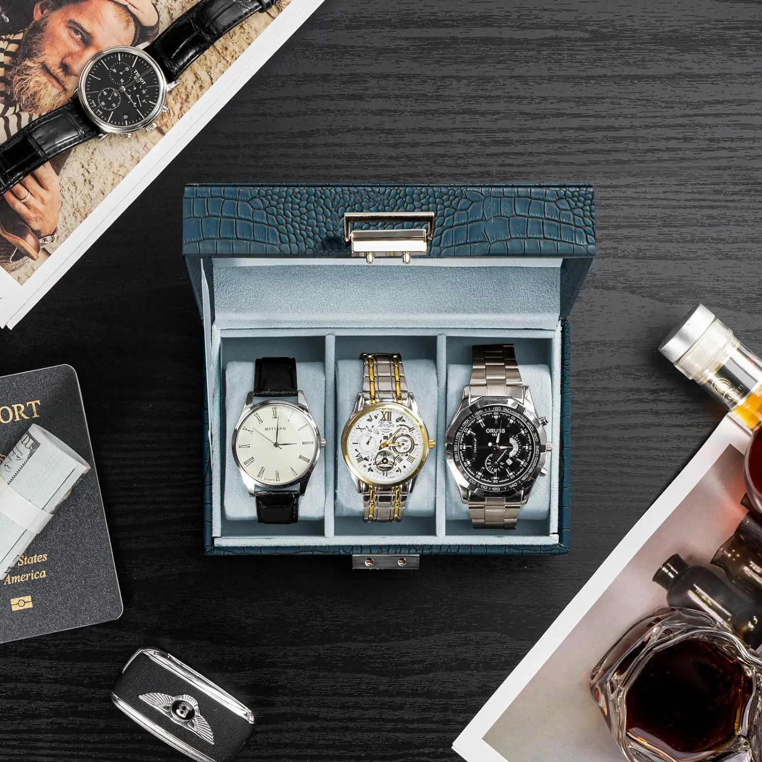ProCase Watch Box for Men, 3 Slot Mens Watch Case, Watch Storage Watch Holder Organizer for Men, Watch Display Case With Glass Lid -3 Slot, CrocCobaltBlue