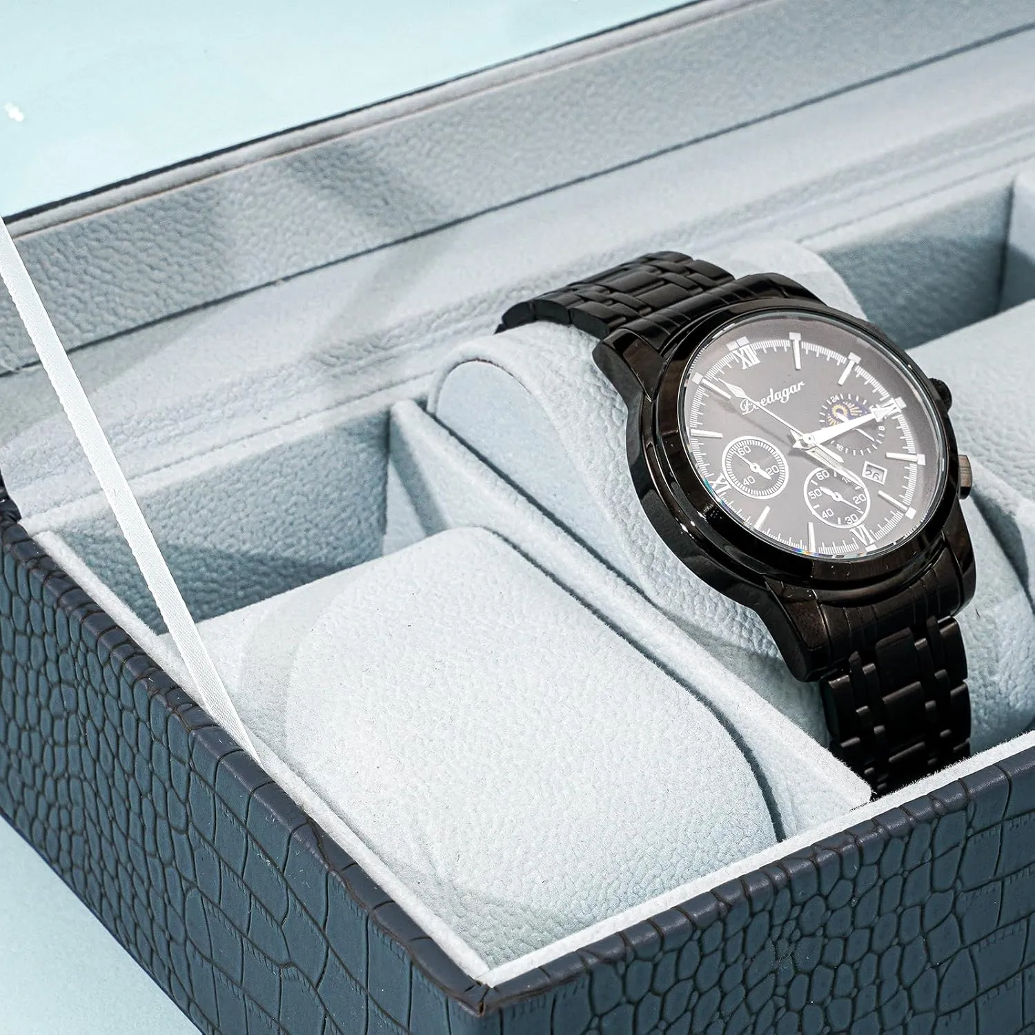 ProCase Watch Box for Men, 3 Slot Mens Watch Case, Watch Storage Watch Holder Organizer for Men, Watch Display Case With Glass Lid -3 Slot, CrocCobaltBlue