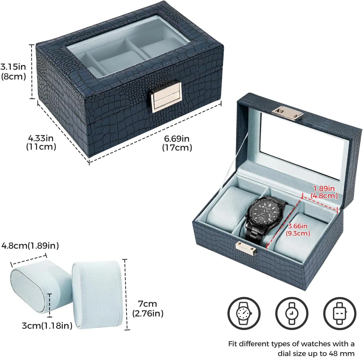 ProCase Watch Box for Men, 3 Slot Mens Watch Case, Watch Storage Watch Holder Organizer for Men, Watch Display Case With Glass Lid -3 Slot, CrocCobaltBlue