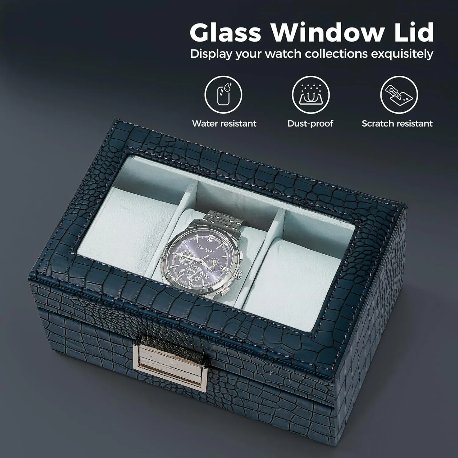 ProCase Watch Box for Men, 3 Slot Mens Watch Case, Watch Storage Watch Holder Organizer for Men, Watch Display Case With Glass Lid -3 Slot, CrocCobaltBlue