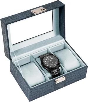 ProCase Watch Box for Men, 3 Slot Mens Watch Case, Watch Storage Watch Holder Organizer for Men, Watch Display Case With Glass Lid -3 Slot, CrocCobaltBlue