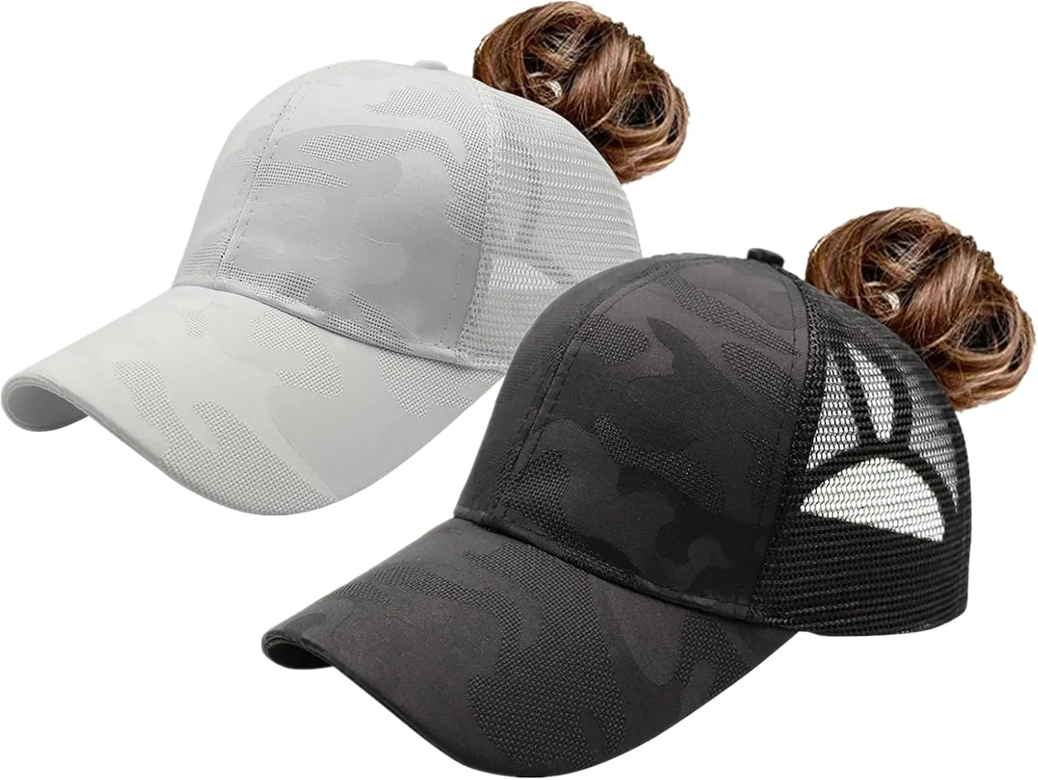 ProMindFun Womens Pony Hat High Ponytail Baseball Cap Girls Messy Bun Caps Camouflage Trucker Bad Hair Day Adjustable Dad Hat