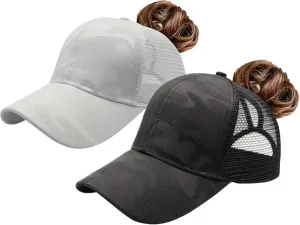 ProMindFun Womens Pony Hat High Ponytail Baseball Cap Girls Messy Bun Caps Camouflage Trucker Bad Hair Day Adjustable Dad Hat