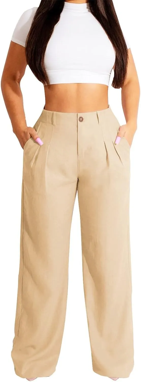 PTOLOCIF Womens Casual Cotton Linen Pants Wide Leg Casual Palazzo Pants Cotton Linen Lounge Beach Summer Pant with Pockets