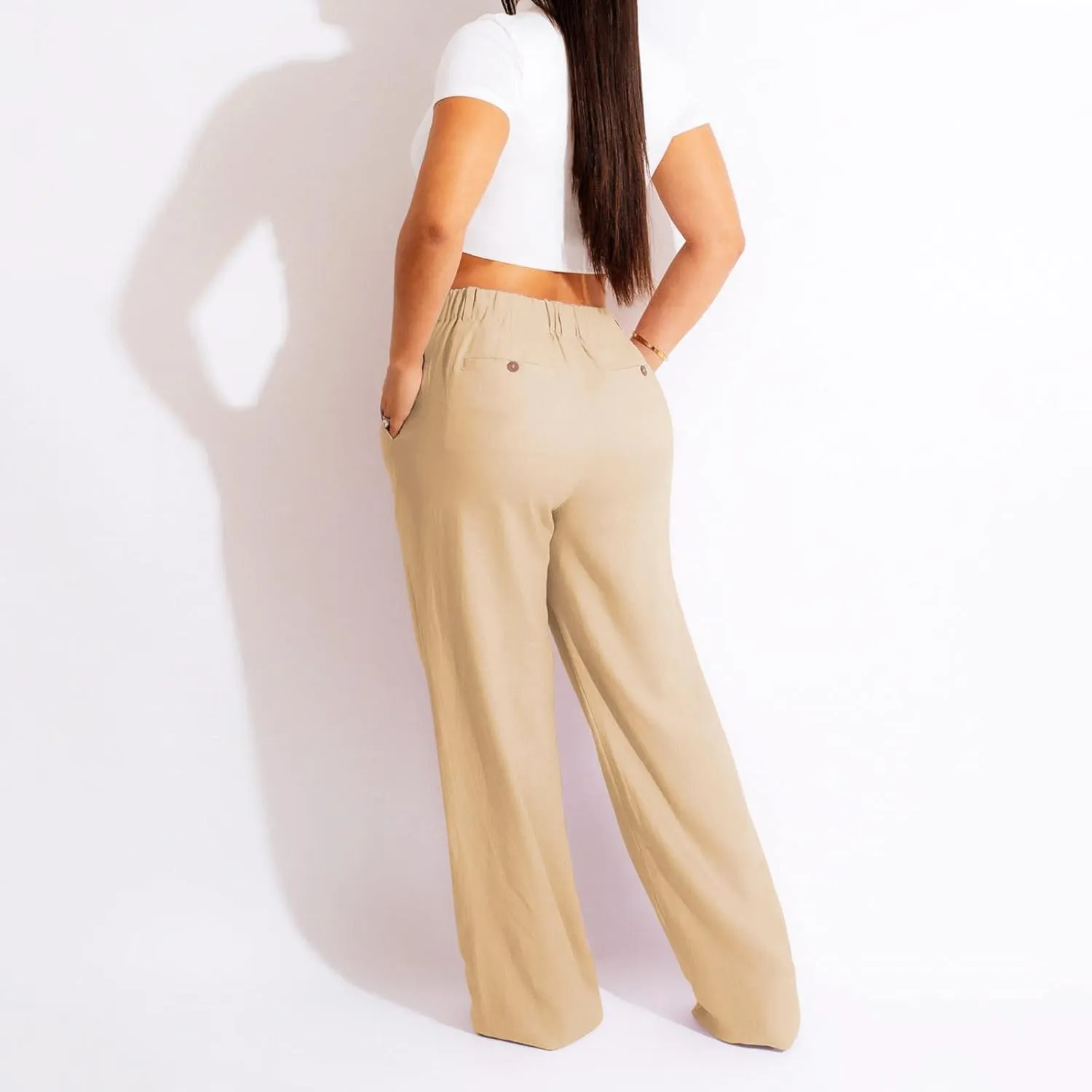PTOLOCIF Womens Casual Cotton Linen Pants Wide Leg Casual Palazzo Pants Cotton Linen Lounge Beach Summer Pant with Pockets