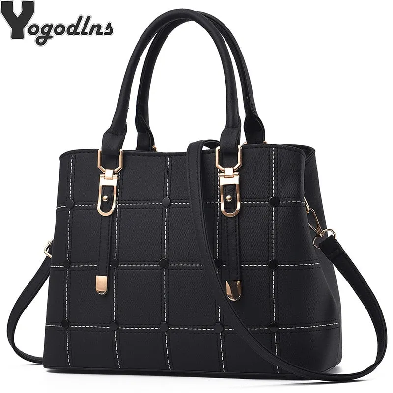 PU Leather Large Capacity Woman Handbag Grid Shoulder Bag Fashion Casual Luxury Designer Crossbody Bag Ladies PurseBag Mama Bag