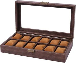 PU Watch Box Vintage Woodgrain Watch Case, Watch Storage Watch Organizer For Men, Watch Display Case With Glass Lid(12 Slots)