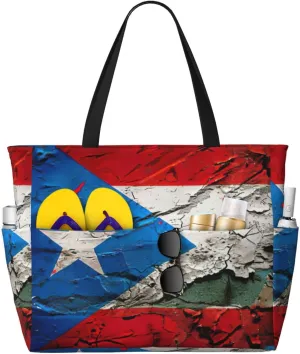 puerto rico wallpaper flag Print Foldable Lightweight Family Beach Bag for Men Women Beach Tote Bag Portable Gym Bag