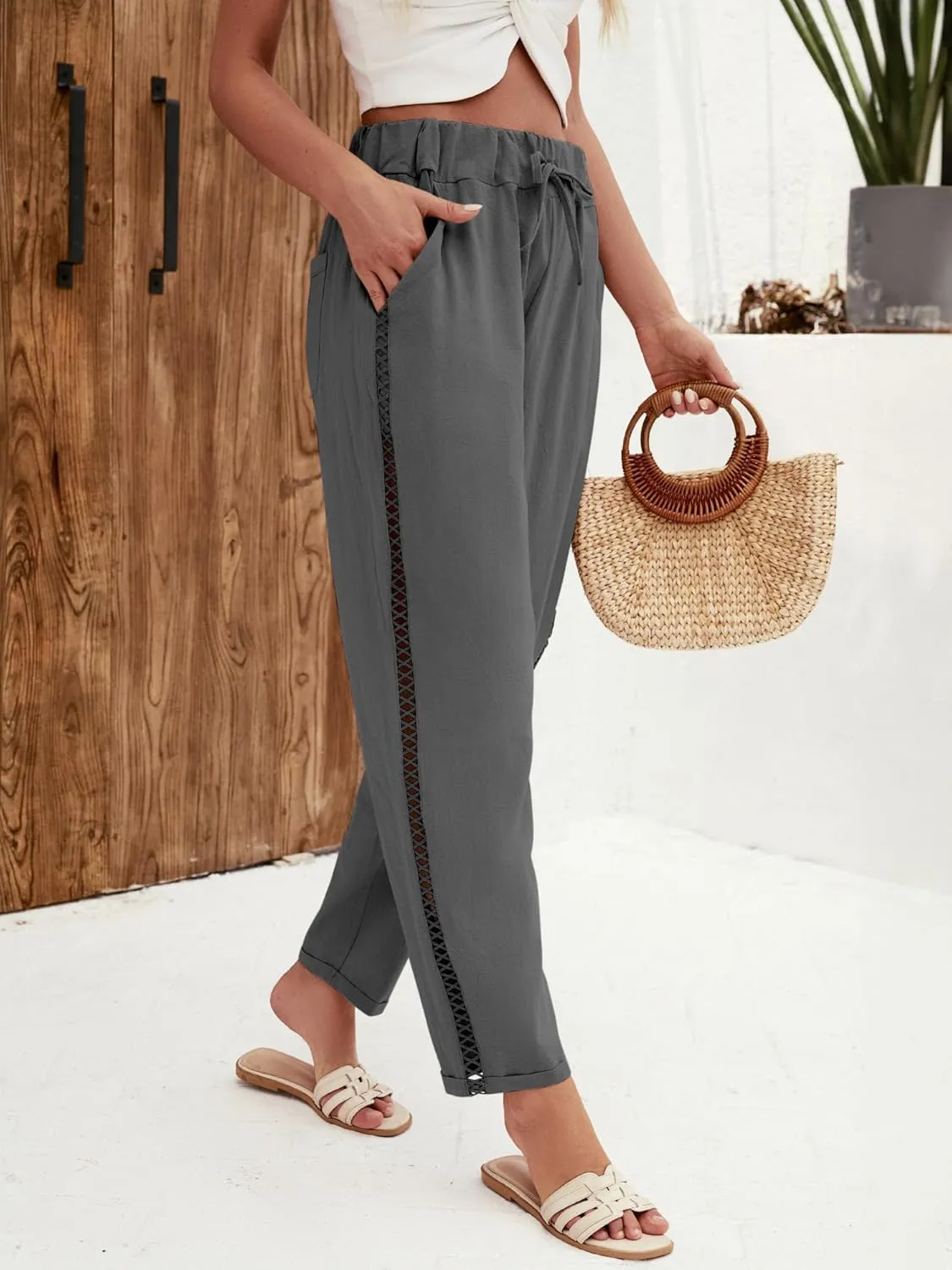 Puimentiua Women's Linen Capri Pants with Drawstring Petite Summer Beachwear Lightweight Elastic Waist Pants