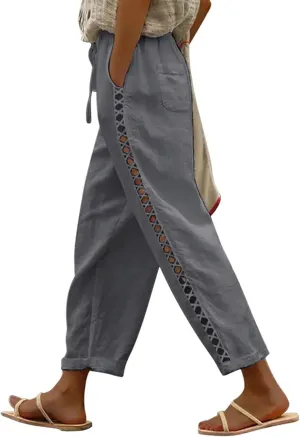Puimentiua Women's Linen Capri Pants with Drawstring Petite Summer Beachwear Lightweight Elastic Waist Pants