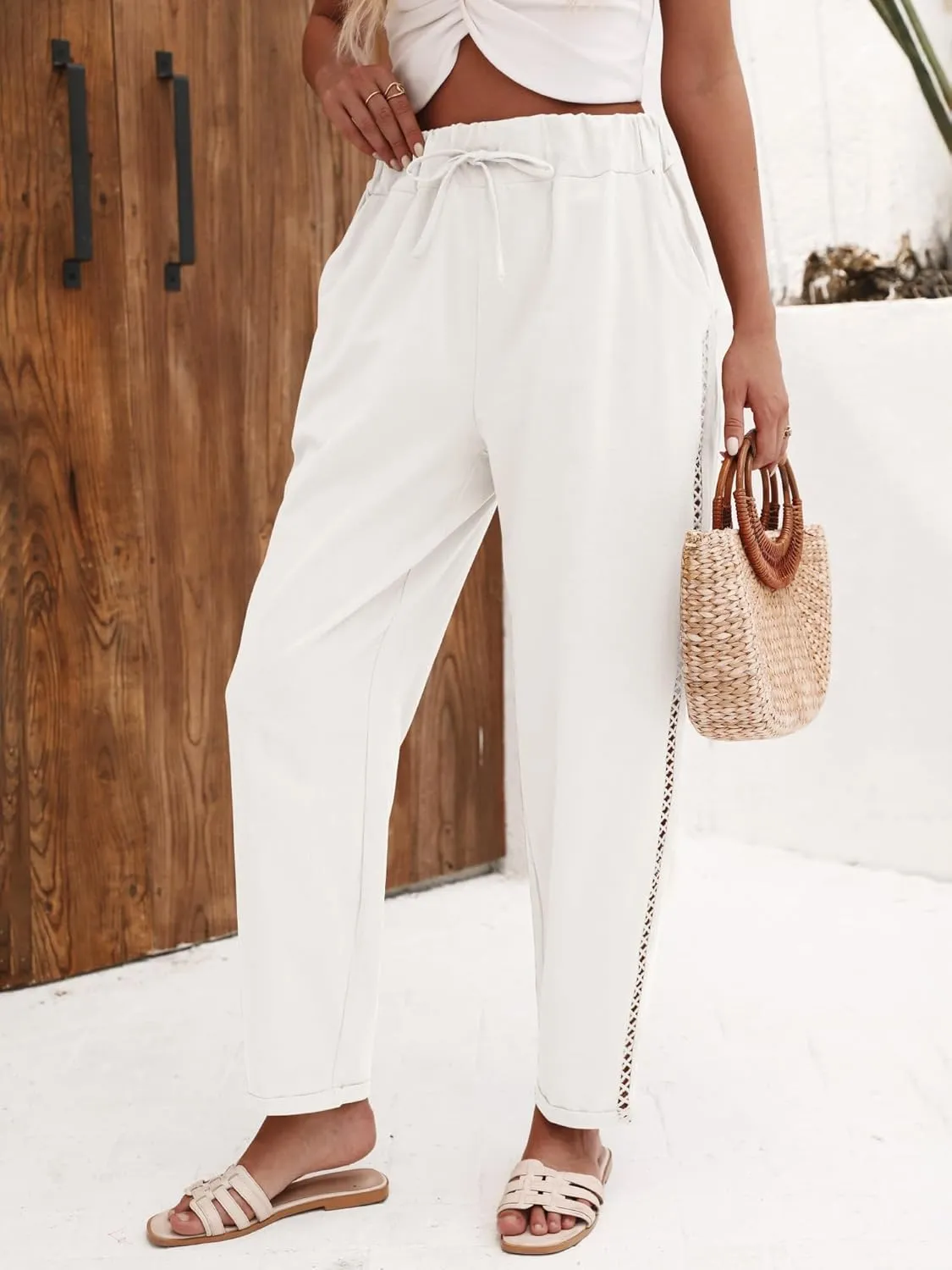Puimentiua Women's Linen Capri Pants with Drawstring Petite Summer Beachwear Lightweight Elastic Waist Pants