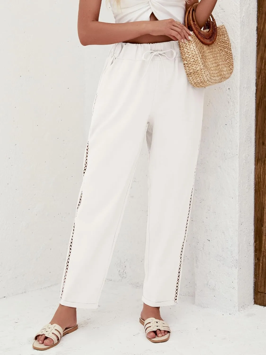 Puimentiua Women's Linen Capri Pants with Drawstring Petite Summer Beachwear Lightweight Elastic Waist Pants