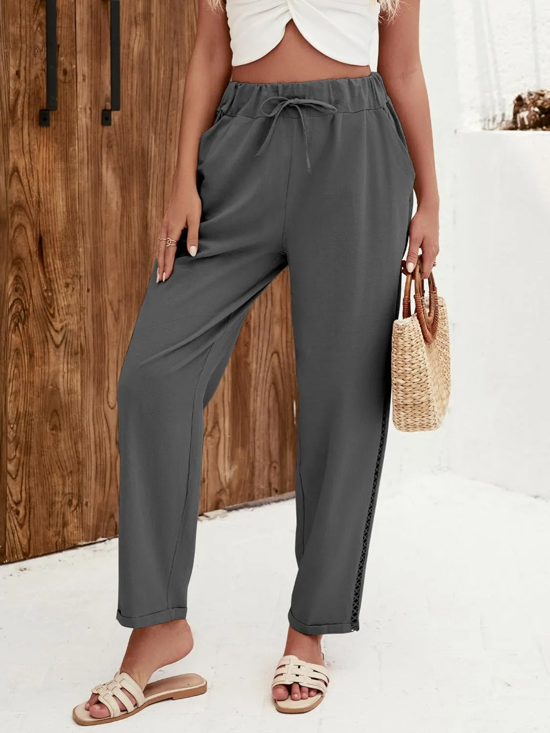 Puimentiua Women's Linen Capri Pants with Drawstring Petite Summer Beachwear Lightweight Elastic Waist Pants