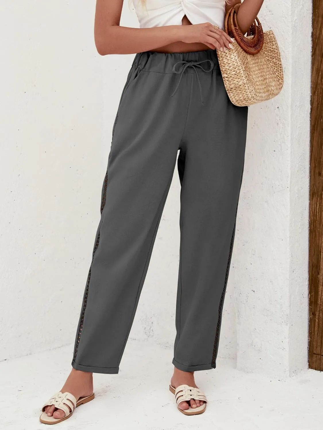 Puimentiua Women's Linen Capri Pants with Drawstring Petite Summer Beachwear Lightweight Elastic Waist Pants