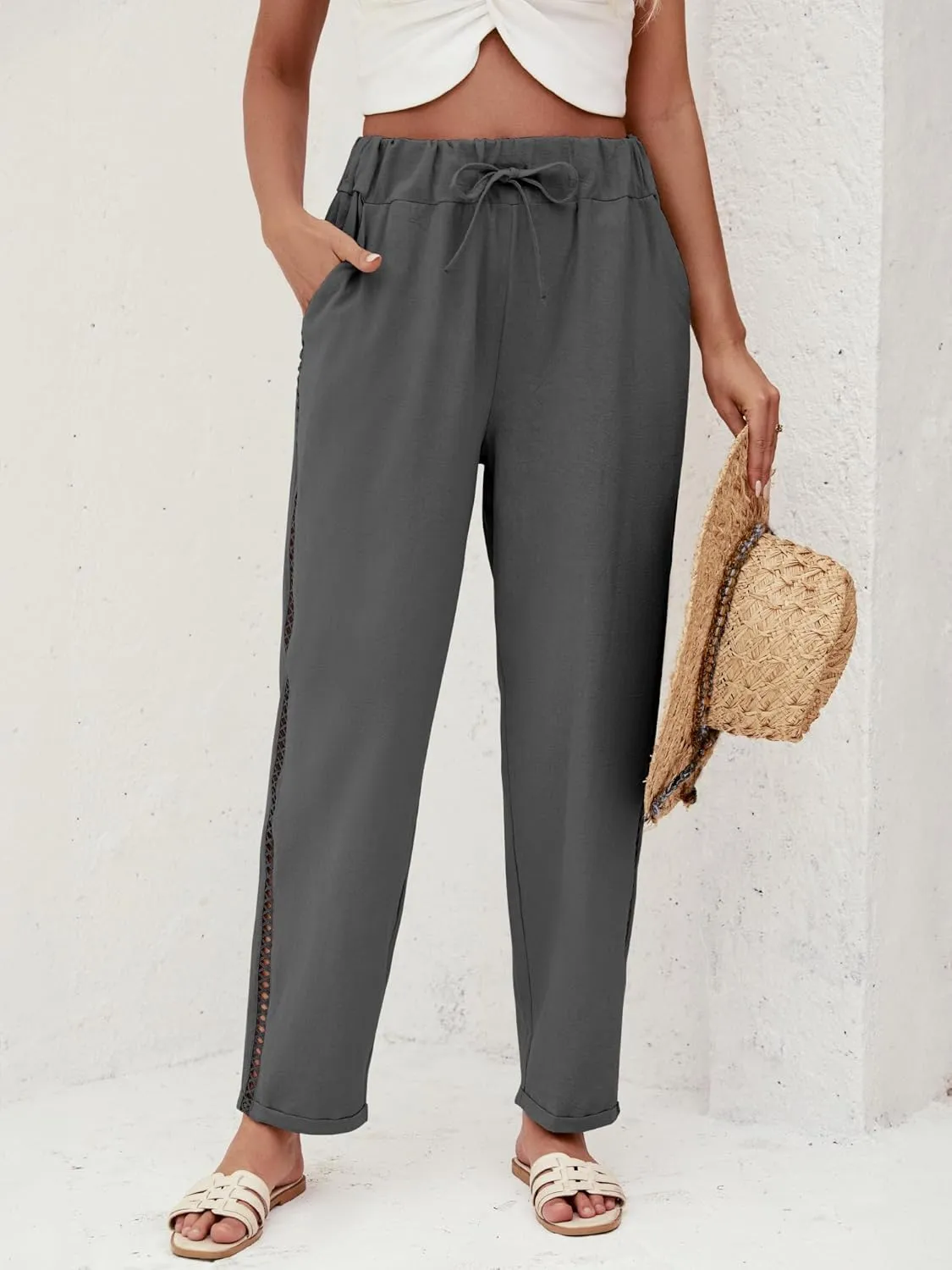 Puimentiua Women's Linen Capri Pants with Drawstring Petite Summer Beachwear Lightweight Elastic Waist Pants