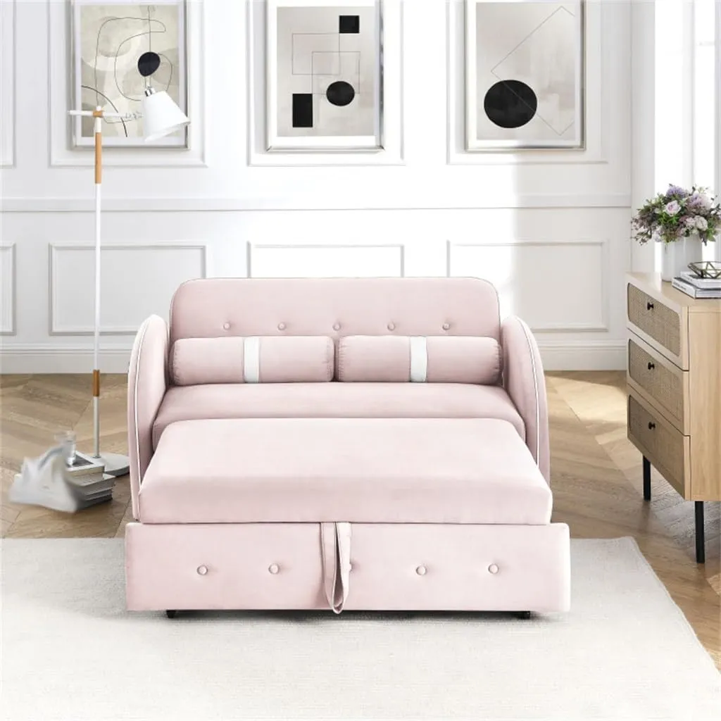 Pull Out Sleep Velvet Sofa Bed 2 Seater Loveseats Sofa，Couch with Side Pockets, Adjsutable Backrest(E)