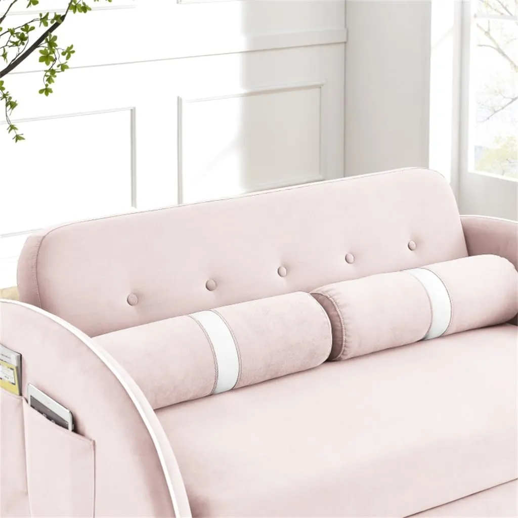 Pull Out Sleep Velvet Sofa Bed 2 Seater Loveseats Sofa，Couch with Side Pockets, Adjsutable Backrest(E)