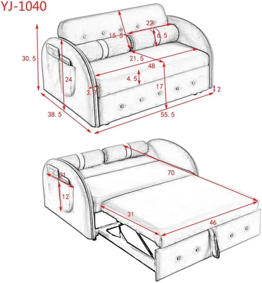 Pull Out Sleep Velvet Sofa Bed 2 Seater Loveseats Sofa，Couch with Side Pockets, Adjsutable Backrest(E)