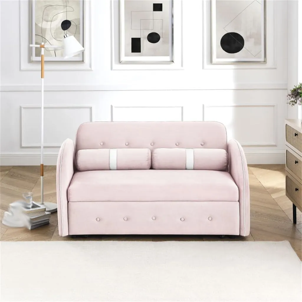 Pull Out Sleep Velvet Sofa Bed 2 Seater Loveseats Sofa，Couch with Side Pockets, Adjsutable Backrest(E)