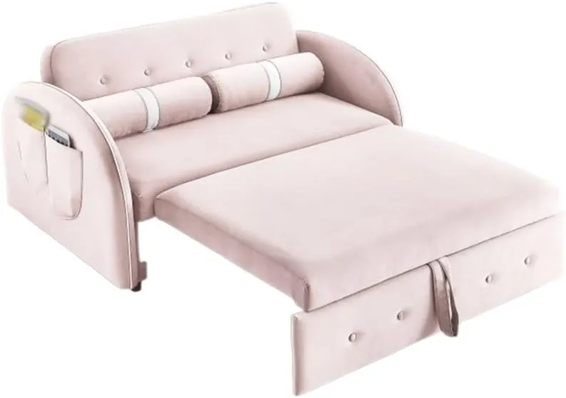 Pull Out Sleep Velvet Sofa Bed 2 Seater Loveseats Sofa，Couch with Side Pockets, Adjsutable Backrest(E)