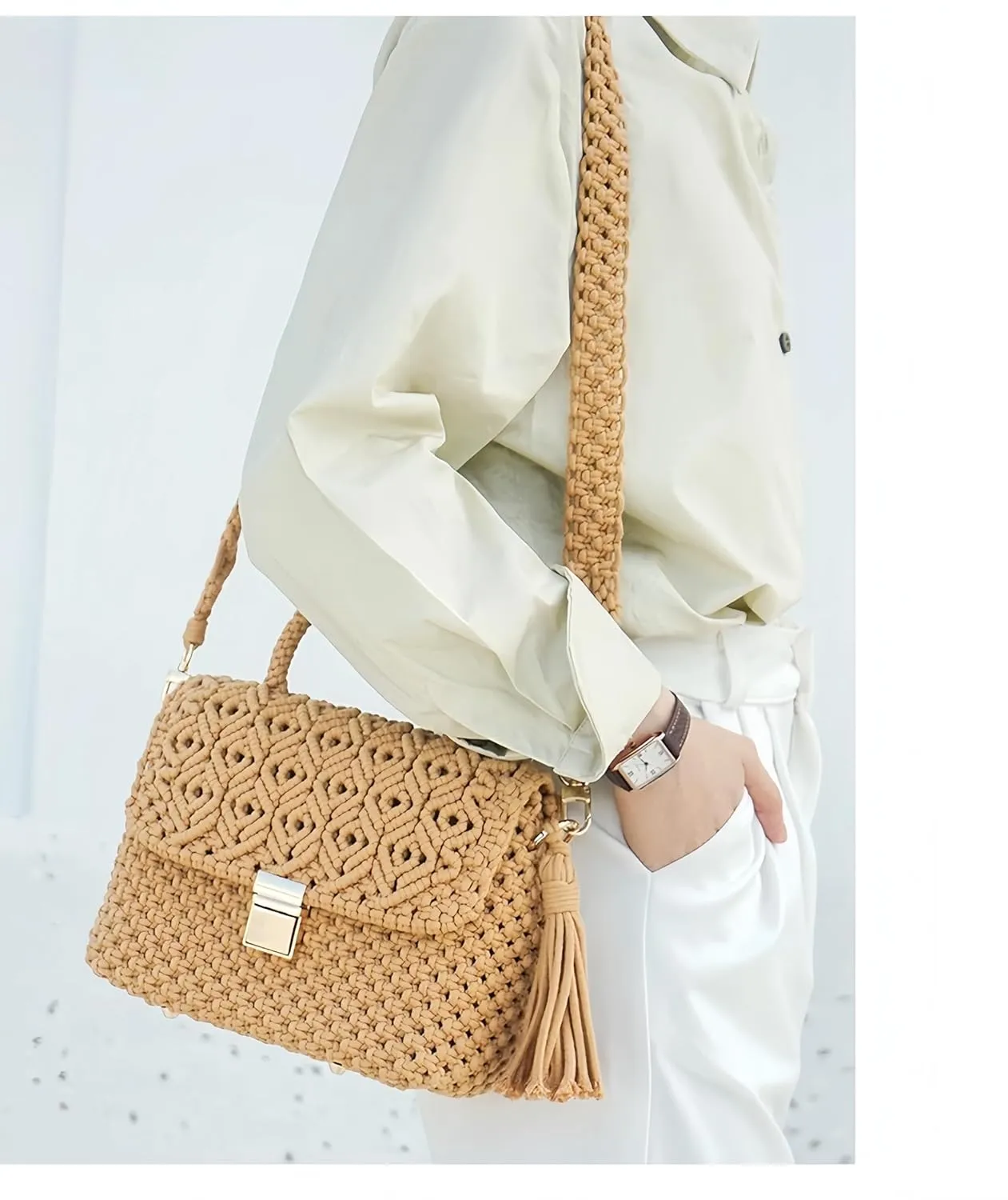 Purely Hand-Woven Women's Shoulder Bag, Women's Crossbody Bag, Handbag, Woven From 21-Strand Pure Cotton Yarn. (khaki)