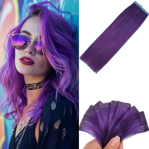 Purple Tape in Hair Extensions Human Hair 14 Inch Invisible Remy Tape in Colored Straight Hair Extensions for Fashion Women