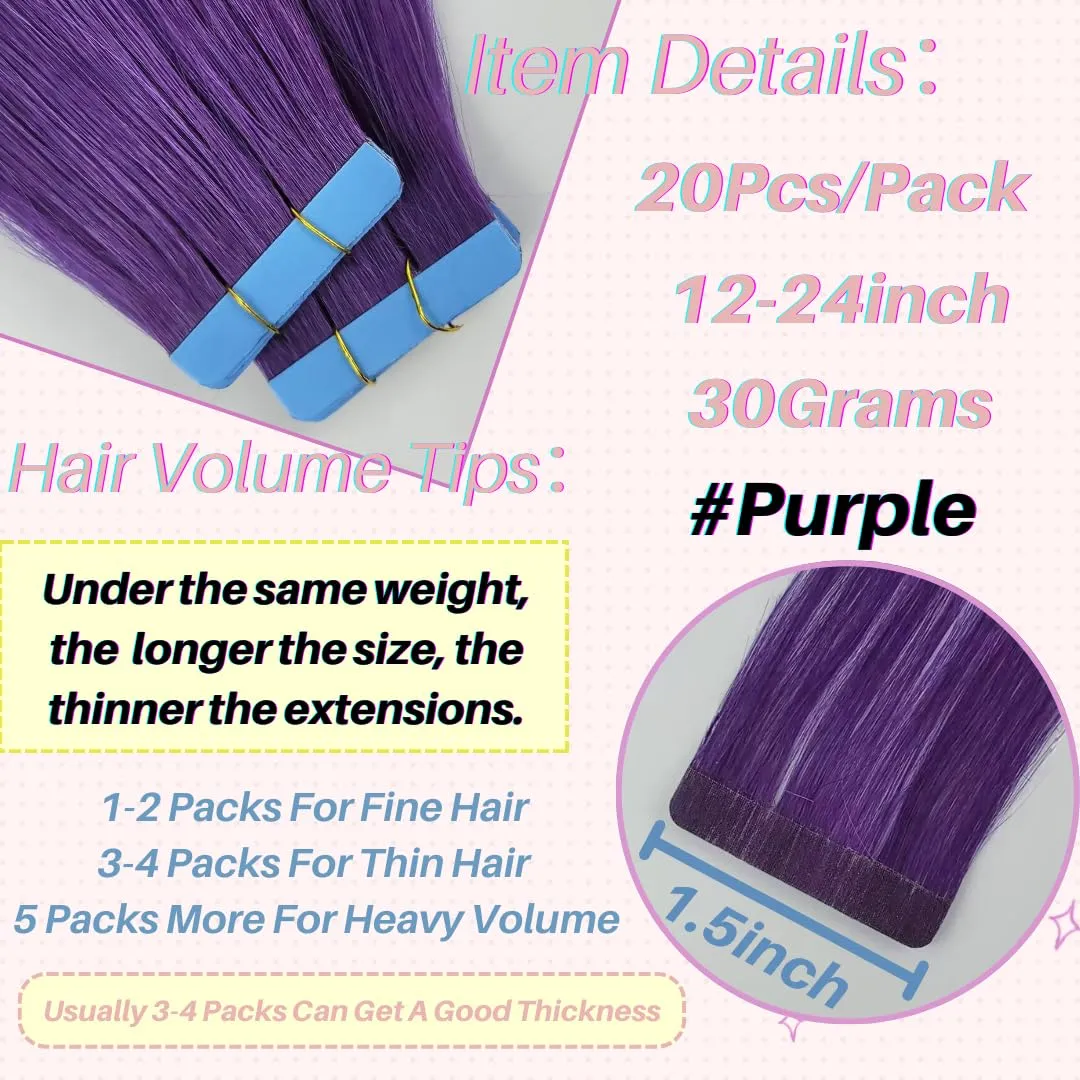 Purple Tape in Hair Extensions Human Hair 14 Inch Invisible Remy Tape in Colored Straight Hair Extensions for Fashion Women