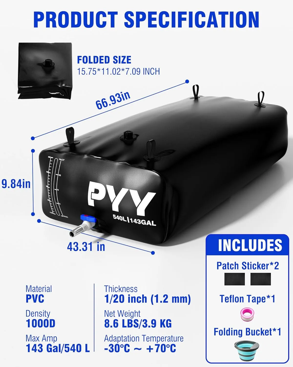 PYY Portable Water Bladder 105 Gallon for Truck Bed,Carrier Cart Large Water Bob Bathtub Emergency Water Bladder for Outdoor RV & Car Camping,Water Storage Bladder with Spigot,Overflow Kit-Black 400L