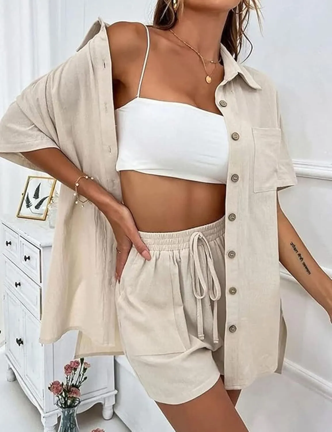QIBABU Women's Linen Shorts Sets 2 Piece Summer Short Sleeve Top and Shorts Sweatsuit Set Vacation Beach Outfits