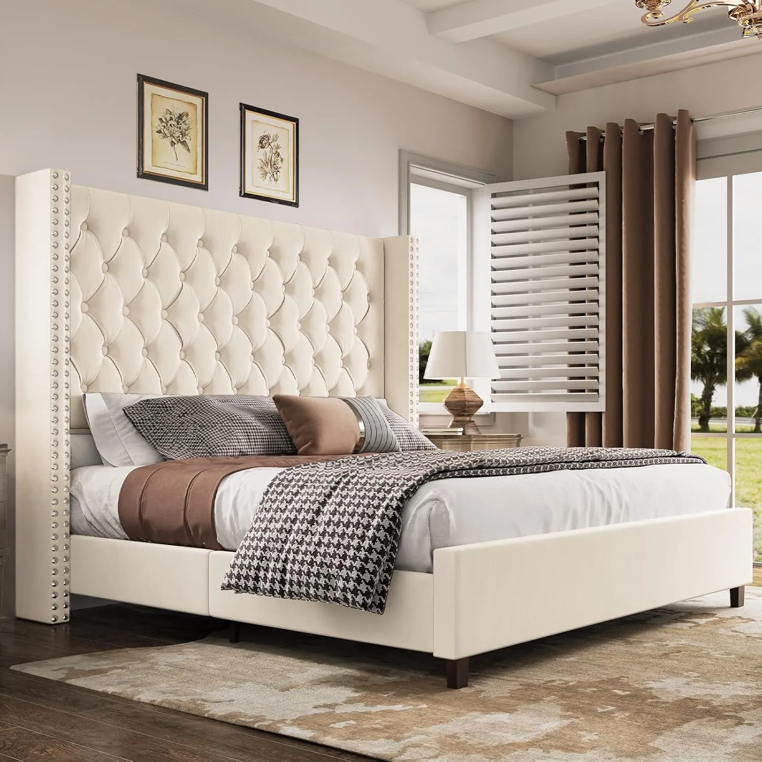 Queen Bed Frame 61.4" Tall Headboard Upholstered Velvet Platform Bed with Handmade Deep Button Tufted/No Box Spring Required/Cream