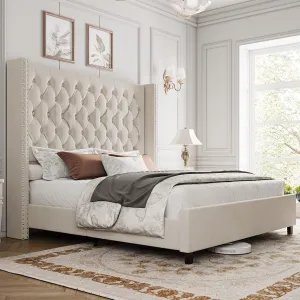 Queen Bed Frame 61.4" Tall Headboard Upholstered Velvet Platform Bed with Handmade Deep Button Tufted/No Box Spring Required/Cream