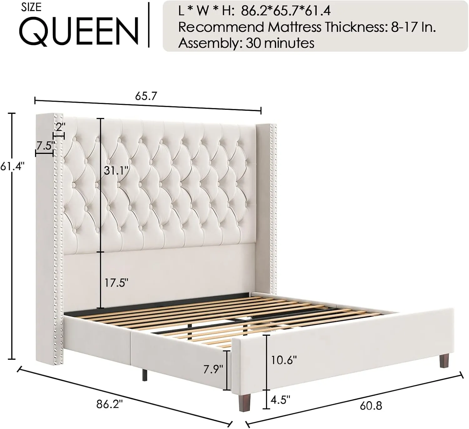 Queen Bed Frame 61.4" Tall Headboard Upholstered Velvet Platform Bed with Handmade Deep Button Tufted/No Box Spring Required/Cream