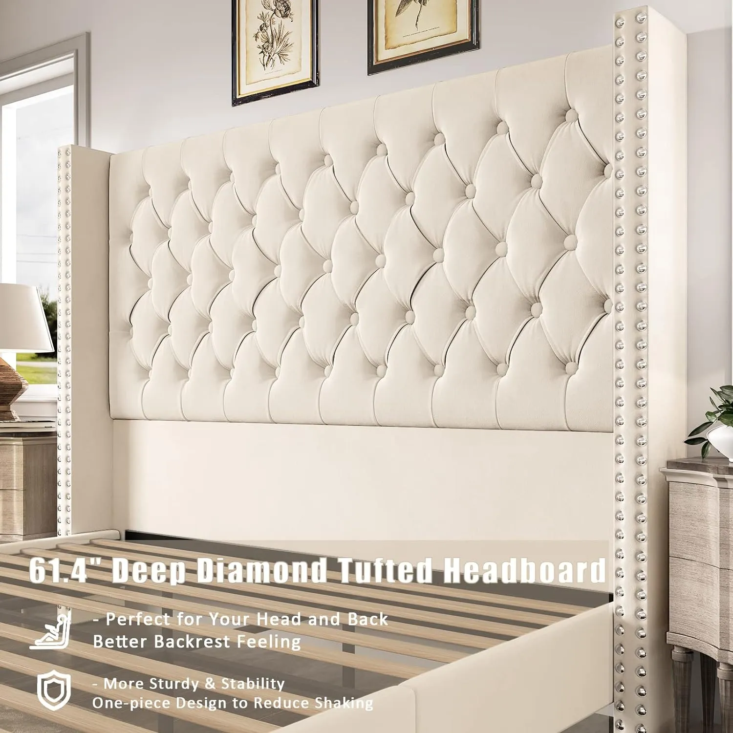 Queen Bed Frame 61.4" Tall Headboard Upholstered Velvet Platform Bed with Handmade Deep Button Tufted/No Box Spring Required/Cream