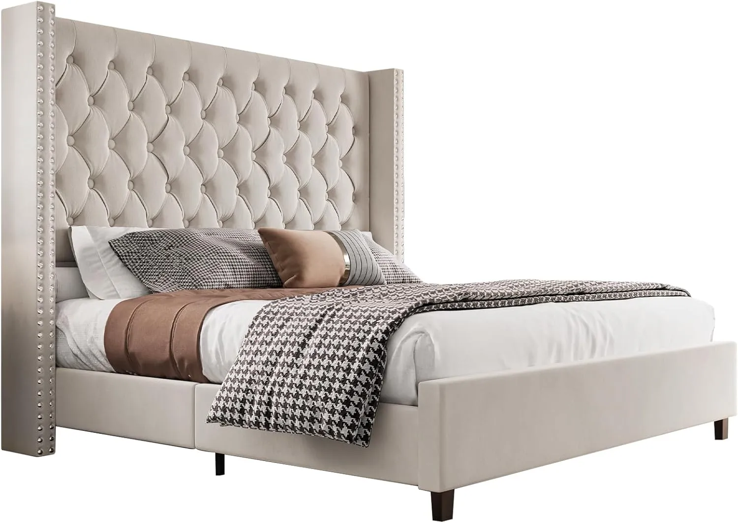 Queen Bed Frame 61.4" Tall Headboard Upholstered Velvet Platform Bed with Handmade Deep Button Tufted/No Box Spring Required/Cream