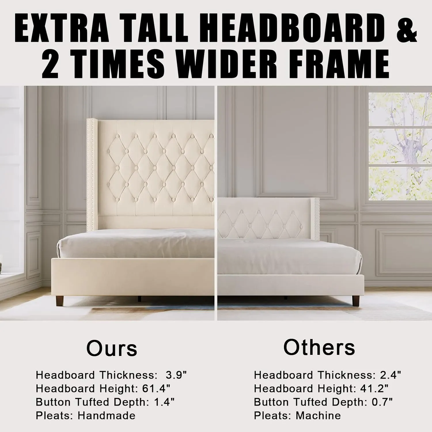 Queen Bed Frame 61.4" Tall Headboard Upholstered Velvet Platform Bed with Handmade Deep Button Tufted/No Box Spring Required/Cream