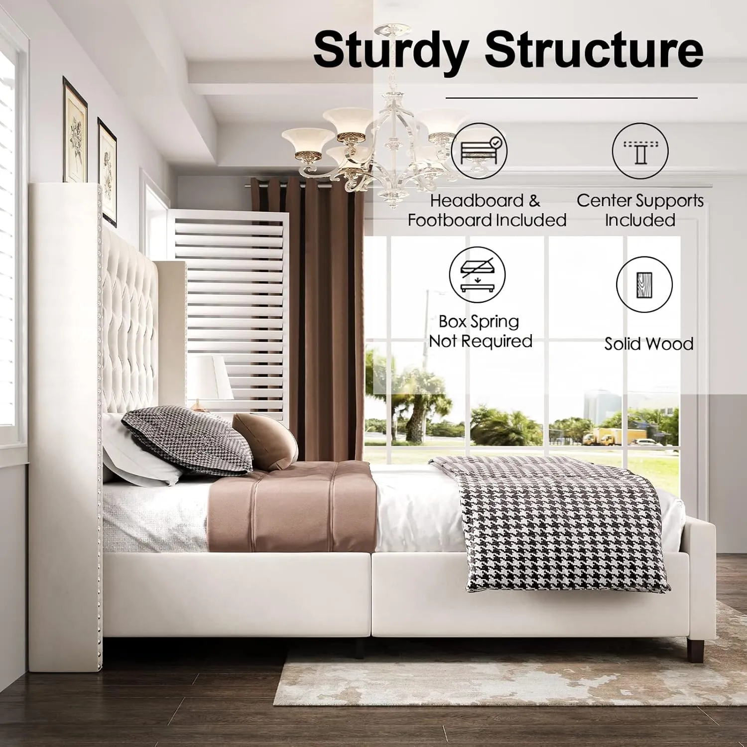Queen Bed Frame 61.4" Tall Headboard Upholstered Velvet Platform Bed with Handmade Deep Button Tufted/No Box Spring Required/Cream