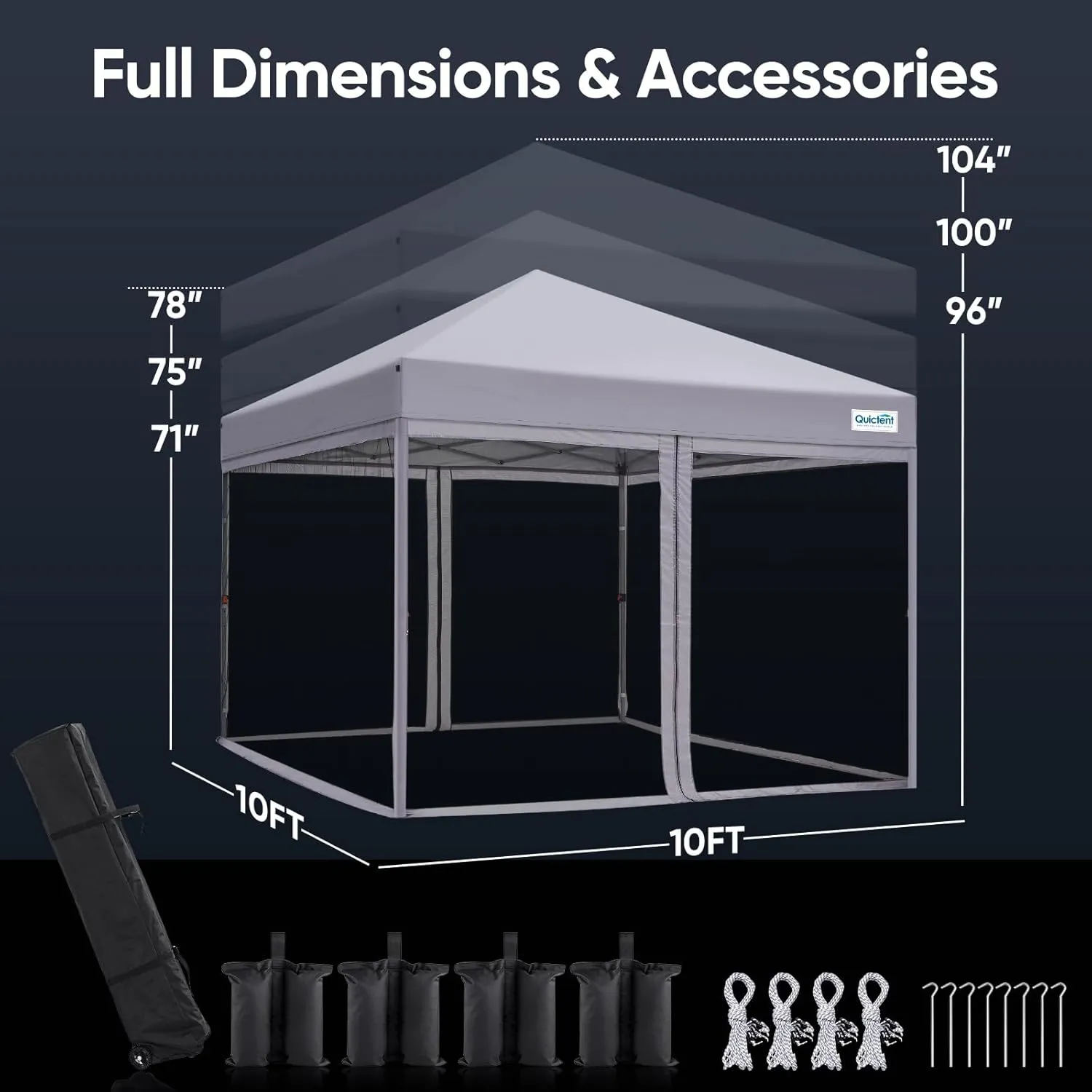 Quictent 10'x10’ Pop up Screened Canopy Tent with Mosquito Netting, Portable Easy up Outdoor Screen House Shelter for Patio, Camping and Picnic, Includes Wheeled Carry Bag (Grey)