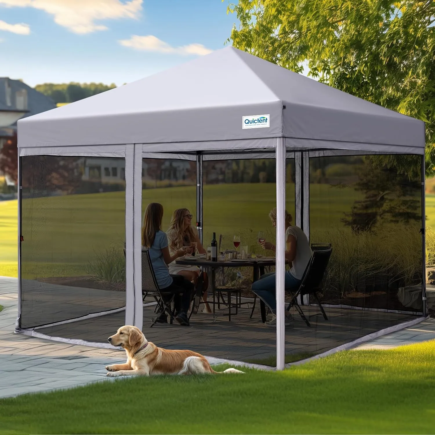 Quictent 10'x10’ Pop up Screened Canopy Tent with Mosquito Netting, Portable Easy up Outdoor Screen House Shelter for Patio, Camping and Picnic, Includes Wheeled Carry Bag (Grey)