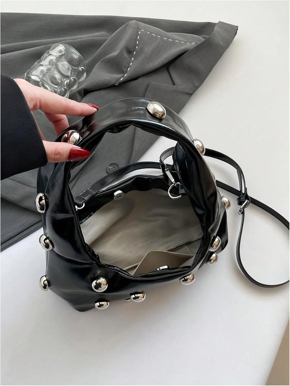 QWINEE Women's Retro Rivet Crossbody Bags Studded Top Handle Leather Shoulder Bag Casual Clutch Purses