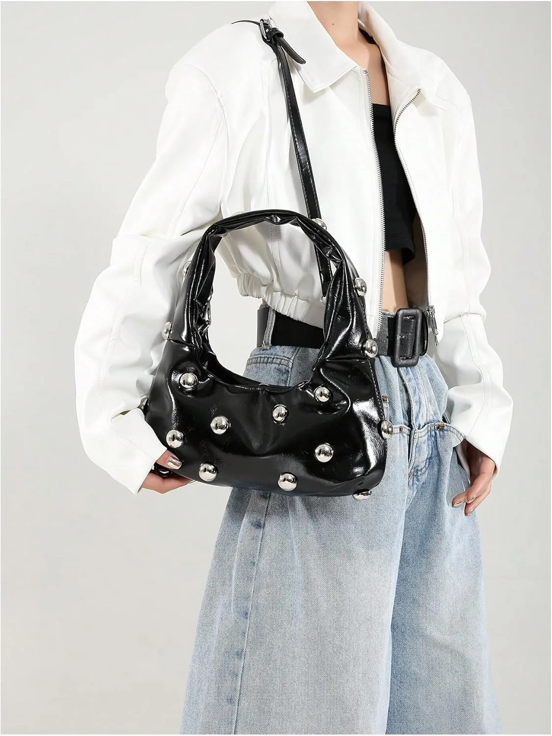 QWINEE Women's Retro Rivet Crossbody Bags Studded Top Handle Leather Shoulder Bag Casual Clutch Purses