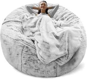 RAINBEAN Bean Bag Chair Cover, Big Round Soft Fluffy PV Velvet Sofa Bed Cover, Living Room Furniture, Lazy Sofa Bed, 6ft Snow Gray