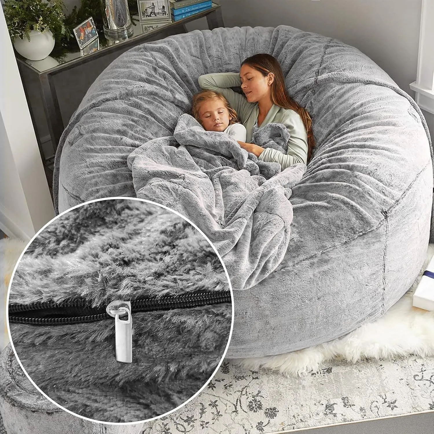 RAINBEAN Bean Bag Chair Cover - Big Round Soft Fluffy PV Velvet Sofa Bed Cushion, Living Room Lazy Sofa Bed Cover, 5ft Snow Coffee