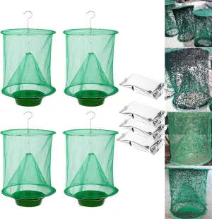 Ranch Fly Trap Hanging Outdoor - 4 Pack Reusable Fly Trap with Bait Tray, Stable Fly Catchers Bags for Farms, Parks, Restaurants (Green)