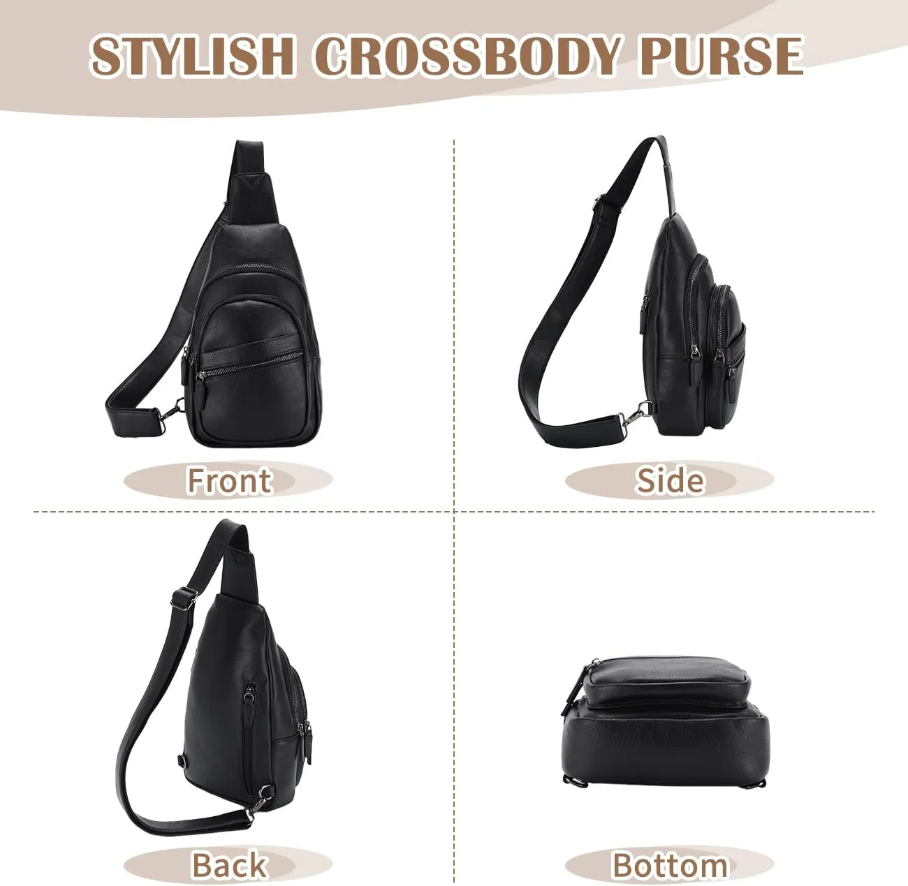 RAVUO Sling Bag, PU Leather Crossbody Backpack for Women Men Casual Hiking Daypack Multipurpose Chest Bag for Work College Black